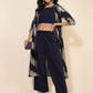 Janasya Women's Dark Blue Crepe Foil Printed Festive Crop Top Set | Swadesiicart
