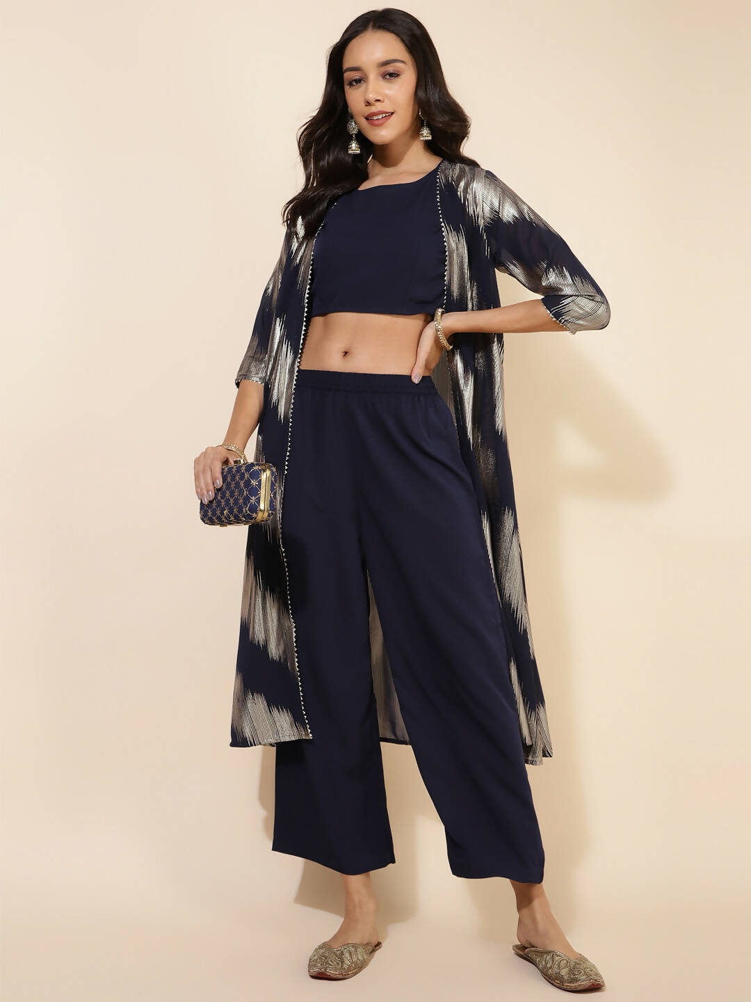 Janasya Women's Dark Blue Crepe Foil Printed Festive Crop Top Set | Swadesiicart