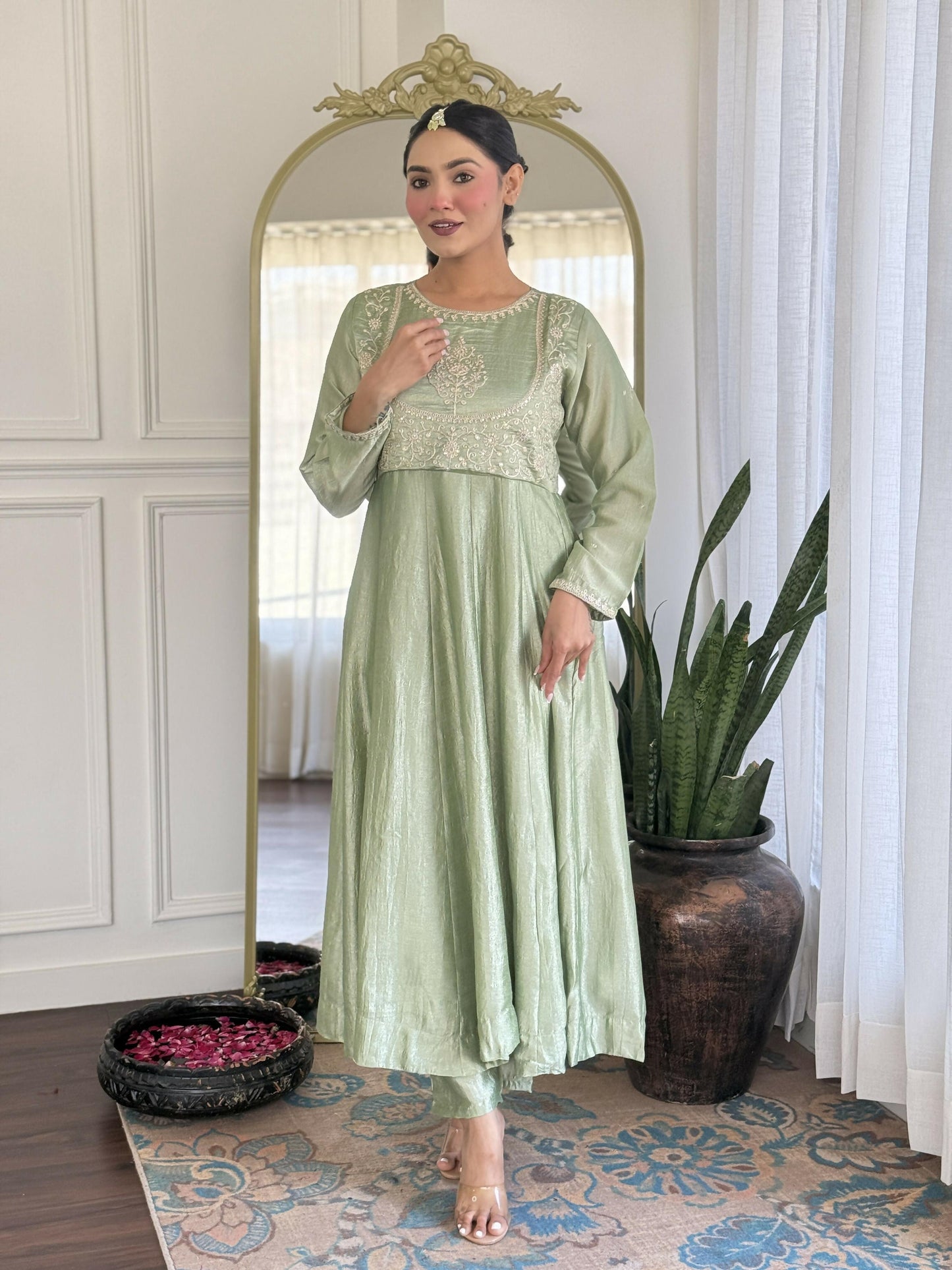 The52 Pista Women's Gorgeous Embroidered Vichitra Silk Fabric Flared Kurta Pant with Dupatta Set - Swadesiicart