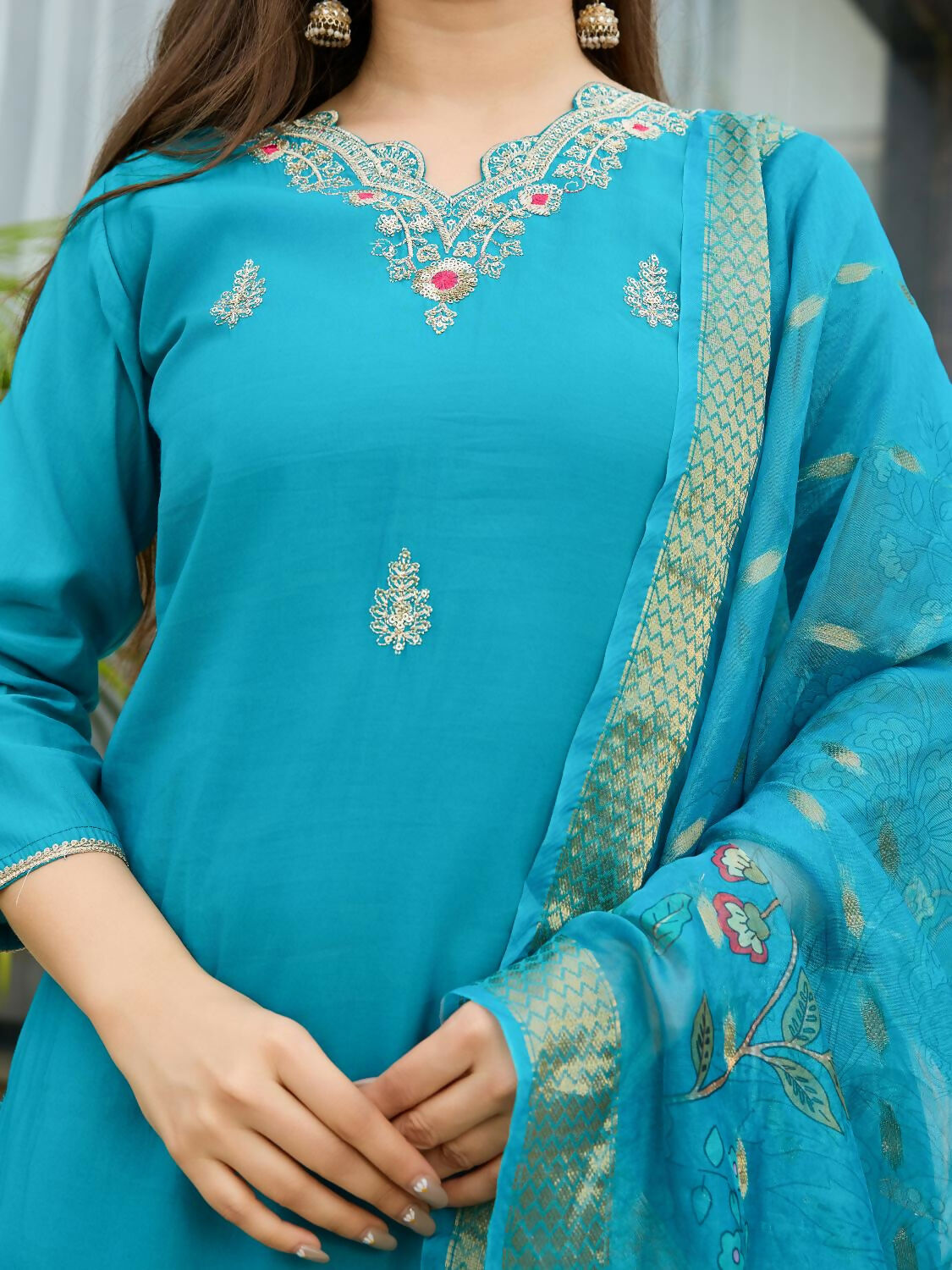 The52 Blue Women's Gorgeous Viscose Fabric Embroidered Work Straight Kurta, Pant and Dupatta Set - Swadesiicart