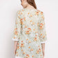 Myshka Women's Off White Cotton 3/4 Sleeve Round Neck Printed Casual Tunic