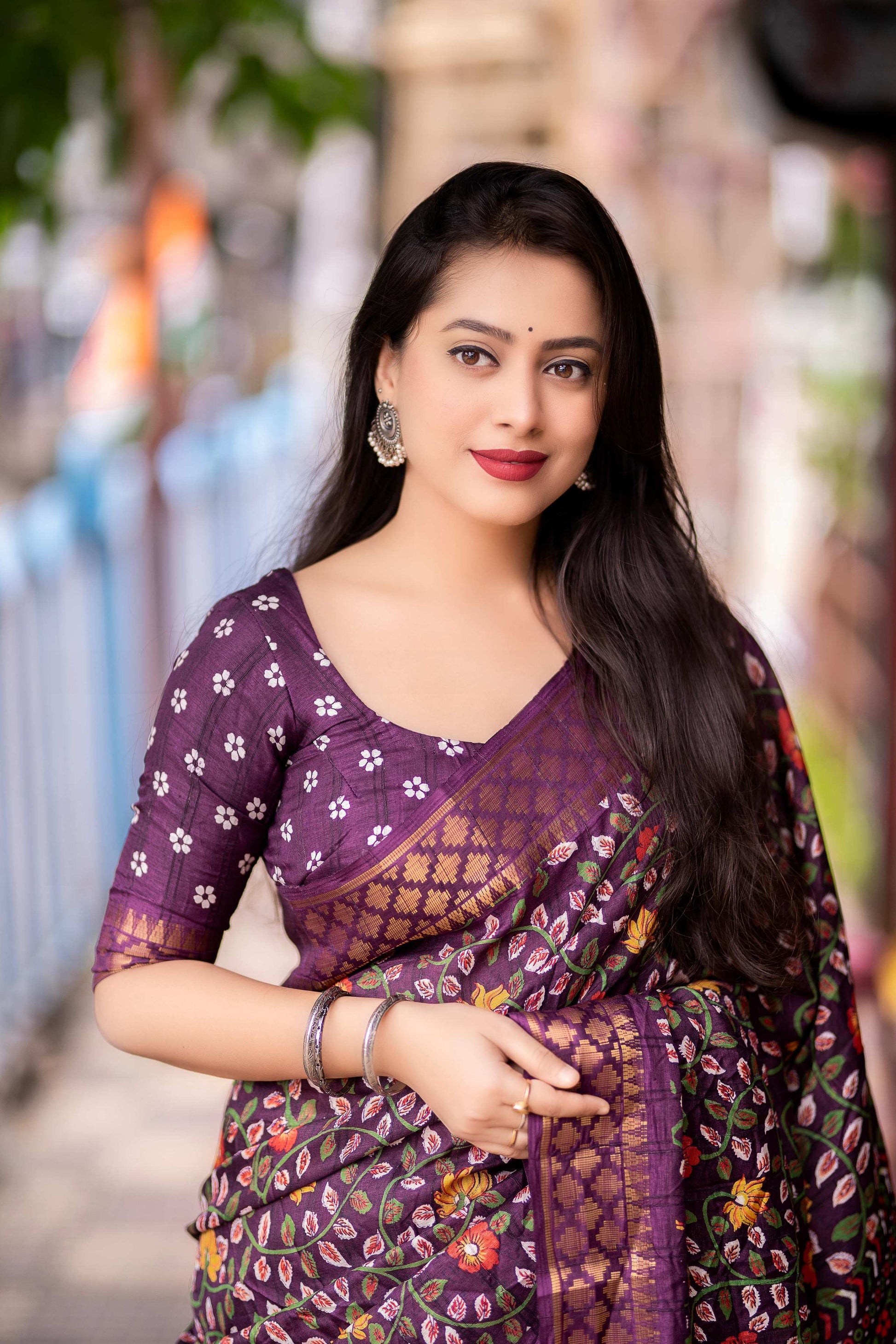 Purple Slub Silk Printed Saree with Unstitched Blouse - Hiral Fashion | Swadesiicart