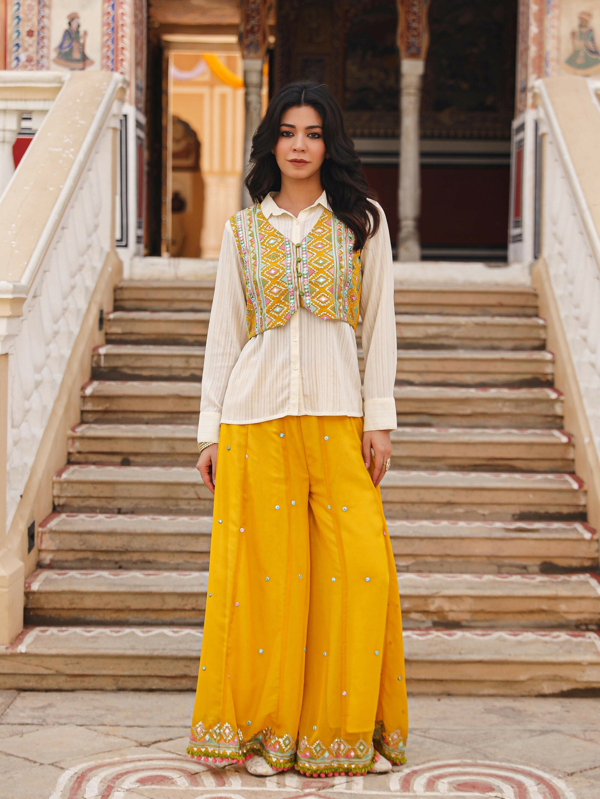 Juniper Women's Mustard Thread Embroidered Georgette Shirt Jacket & Palazzo Set With Mirror Work & Sequins - Swadesiicart