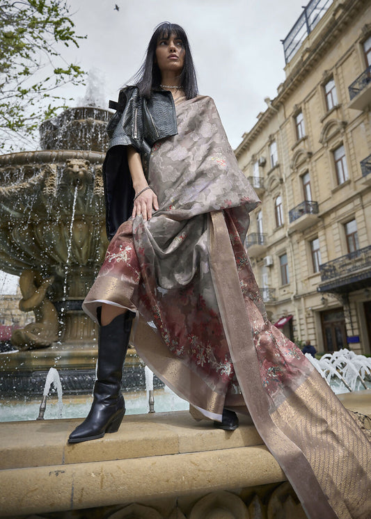 Lovely Brown & Grey Polly Brasso Designer Saree - Emponline | Swadesiicart