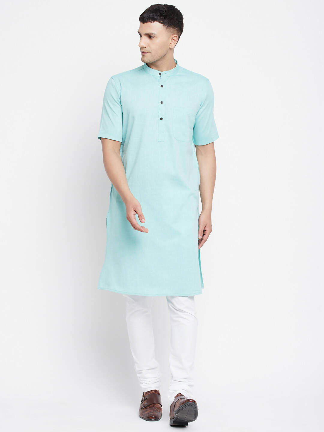 Even Apparels Green Pure Cotton Men's H/S Kurta With Band Collar | Swadesiicart