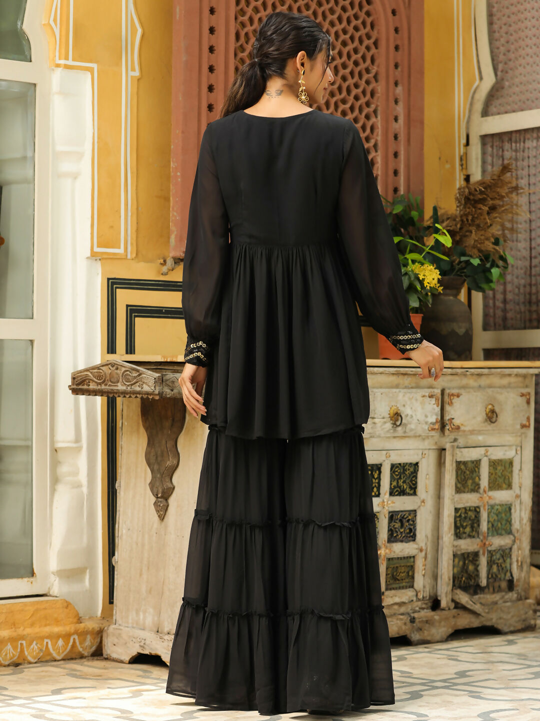Janasya Black Georgette Sequined Tunic & Bottom | Swadesiicart