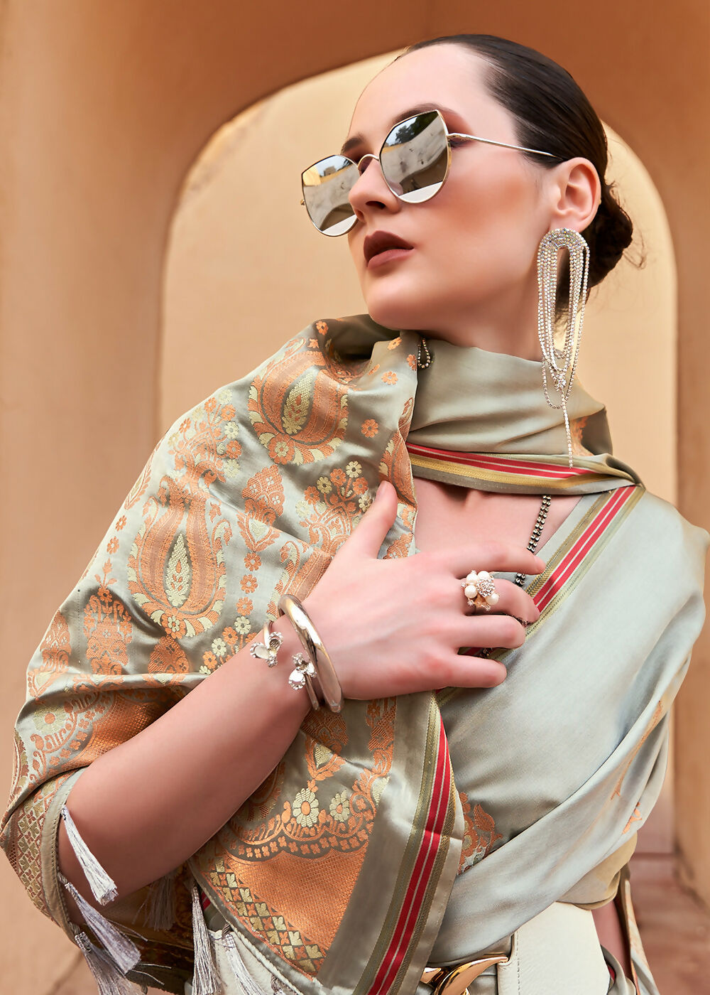 Dusty Grey Pure Satin Zari Weaving Wedding Festive Saree - Emponline | Swadesiicart