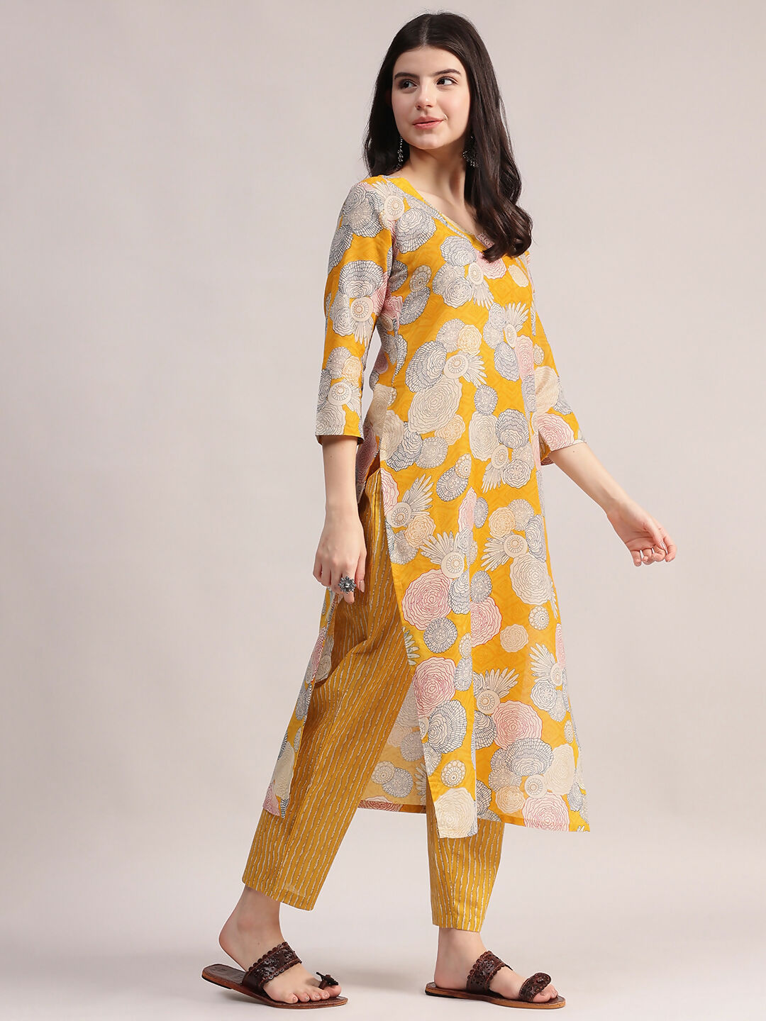 Aavyora Women Yellow Floral Printed Kurta with Striped Pants & Dupatta Set - Swadesiicart