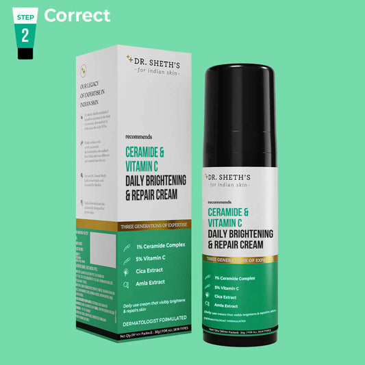 Dr. Sheth's Ceramide & Vitamin C Daily Brightening & Repair Face Cream With 5% Vitamin C, Cica & Amla, Brightens & Repairs Skin - Limited Time Offer - Swadesiicart