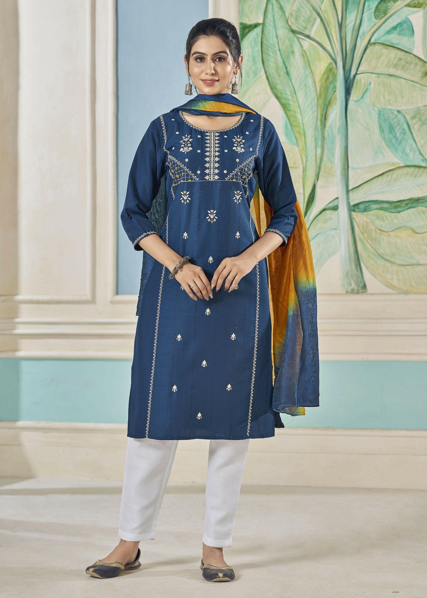 Jyoti Fashion Women's Morpich Pure Viscose Weaving Stripe with Embroidery Kurta Set | Swadesiicart