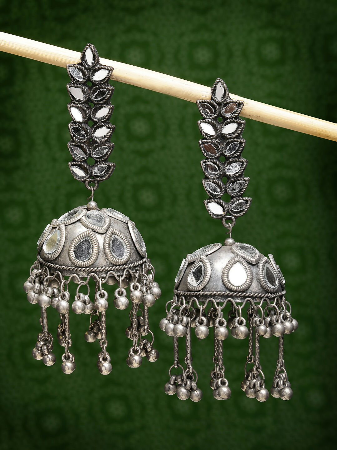 NVR Women's Silver Plated Mirror Work Oxidised Contemporary Jhumka Earrings | Swadesiicart