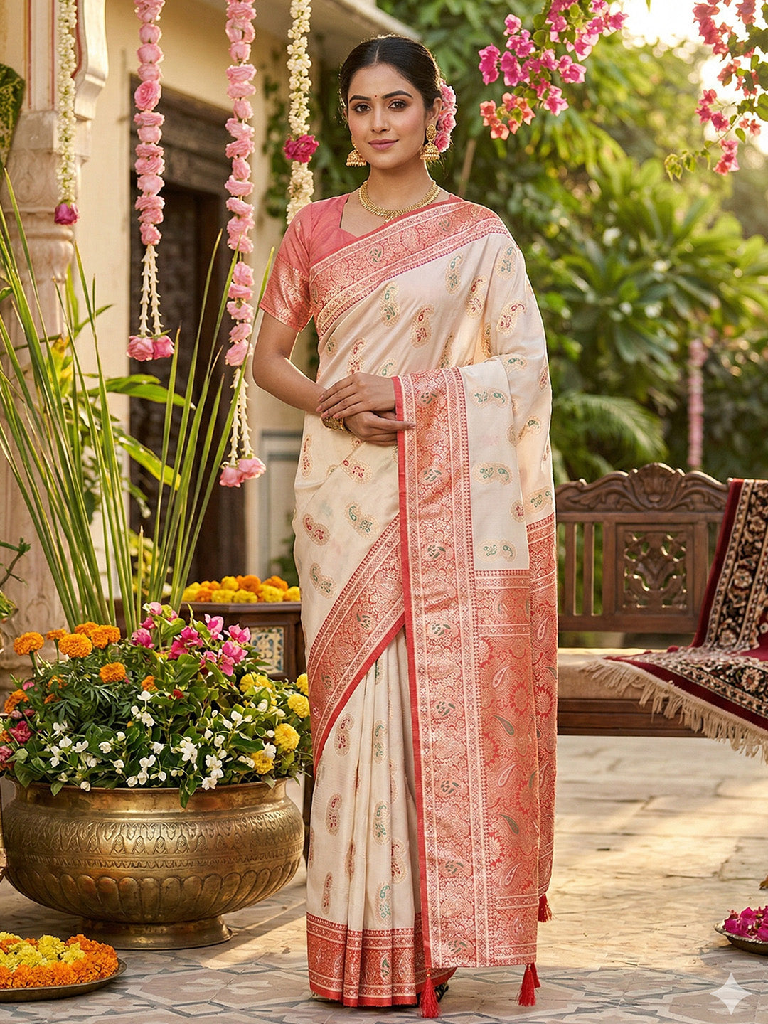Anaita Off White Silk Blend Woven Saree With Blouse