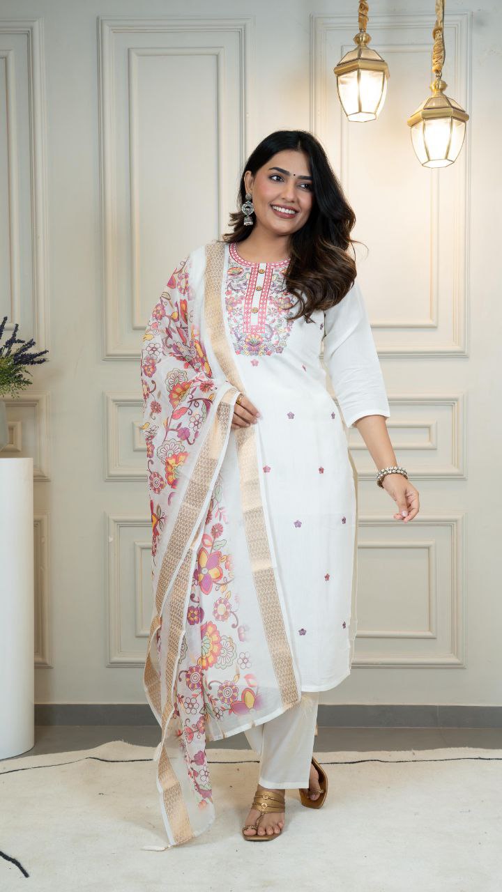Lorenvalley Fashion Offwhite Roman Silk Embroidery Multi with Sequence Work Kurta Pant with Dupatta - Swadesiicart