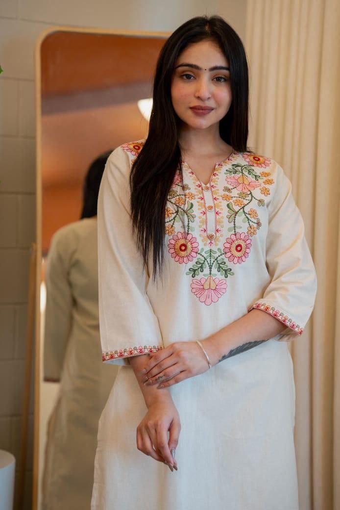 Lorenvalley Fashion Offwhite Pure Khadi Cotton Embroidery with Sequence Work Kurta Pant | Swadesiicart