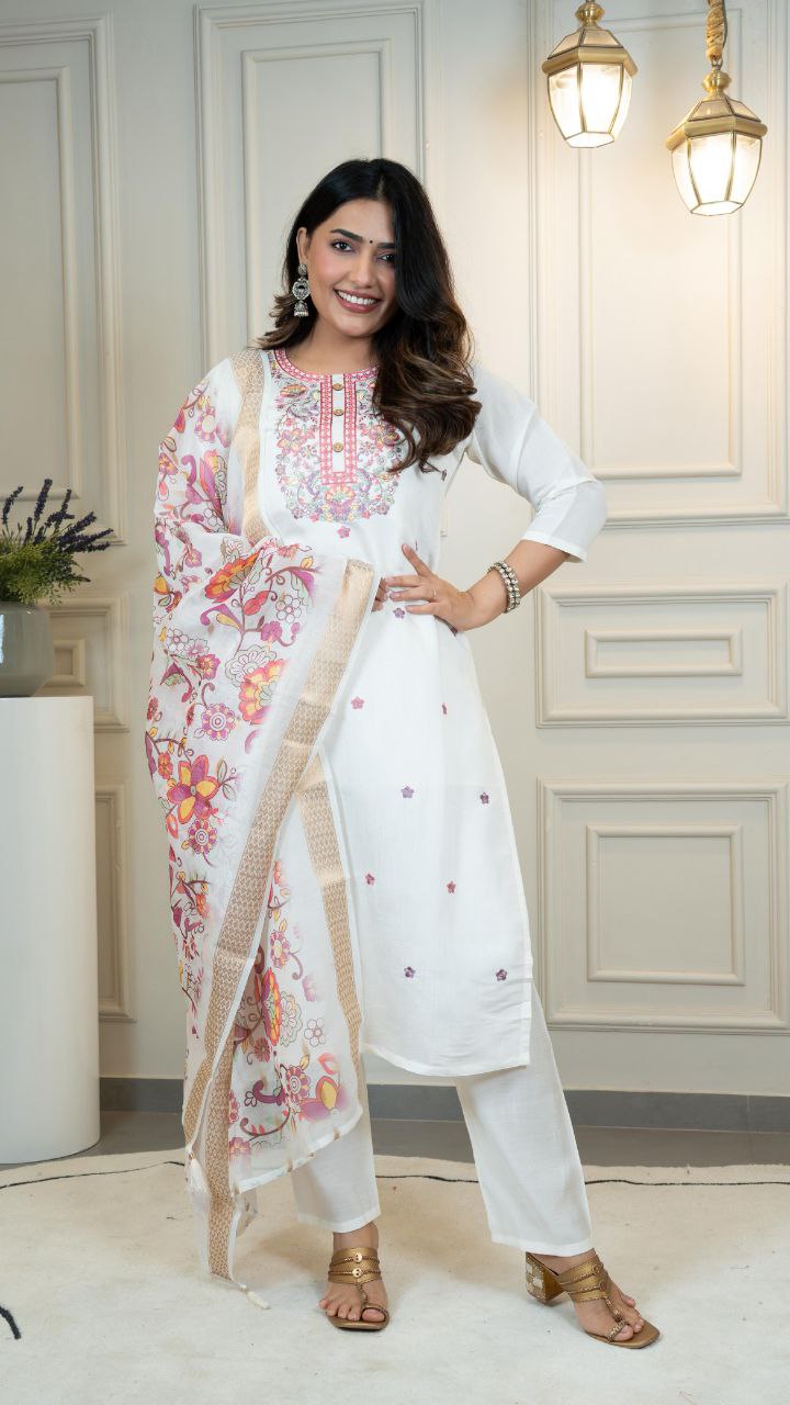 Lorenvalley Fashion Offwhite Roman Silk Embroidery Multi with Sequence Work Kurta Pant with Dupatta - Swadesiicart