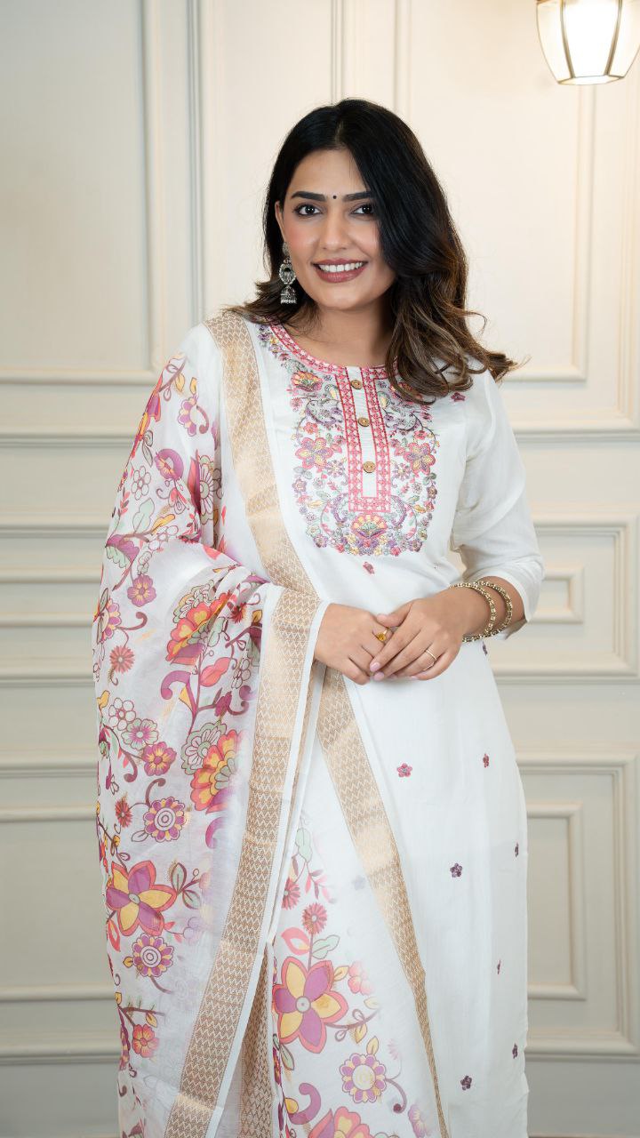 Lorenvalley Fashion Offwhite Roman Silk Embroidery Multi with Sequence Work Kurta Pant with Dupatta - Swadesiicart