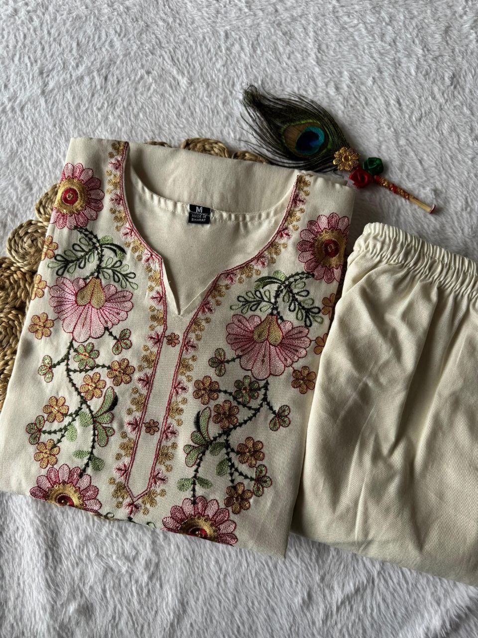 Lorenvalley Fashion Offwhite Pure Khadi Cotton Embroidery with Sequence Work Kurta Pant | Swadesiicart