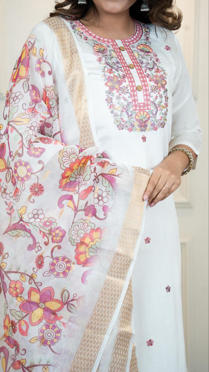 Lorenvalley Fashion Offwhite Roman Silk Embroidery Multi with Sequence Work Kurta Pant with Dupatta - Swadesiicart
