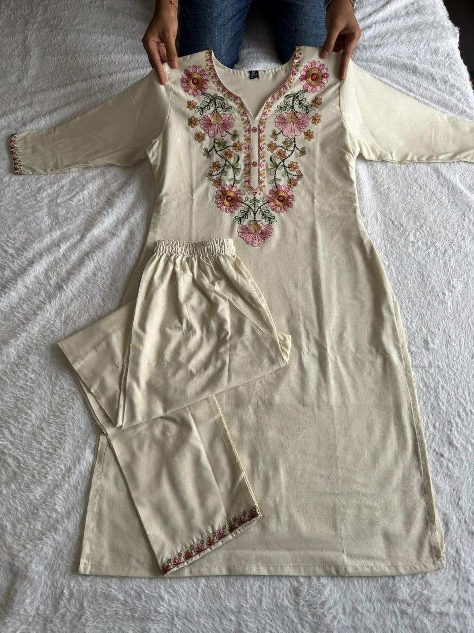 Lorenvalley Fashion Offwhite Pure Khadi Cotton Embroidery with Sequence Work Kurta Pant | Swadesiicart