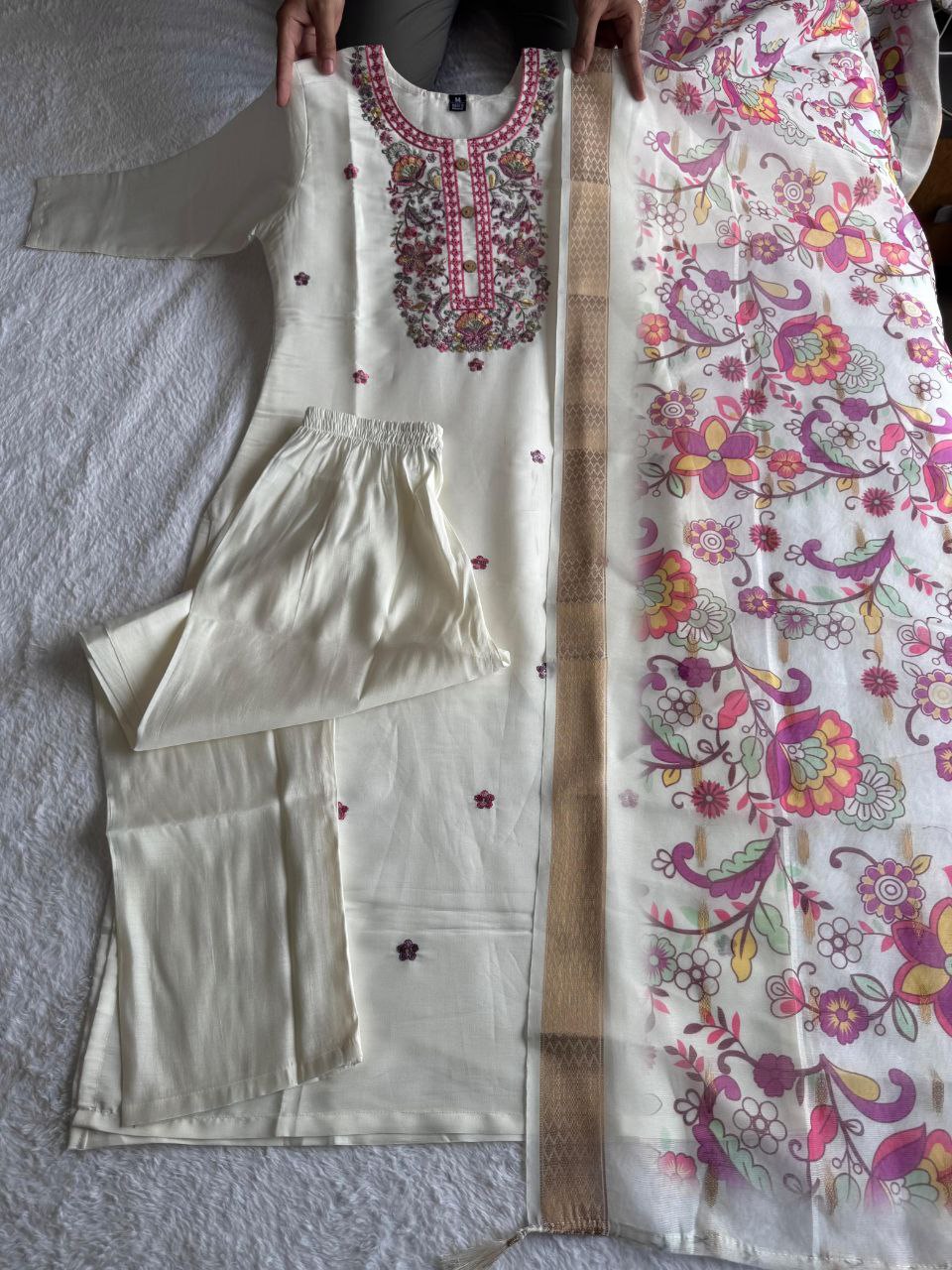 Lorenvalley Fashion Offwhite Roman Silk Embroidery Multi with Sequence Work Kurta Pant with Dupatta - Swadesiicart