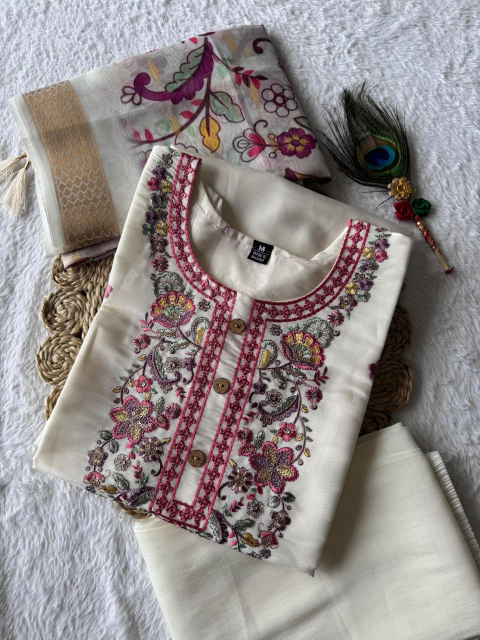 Lorenvalley Fashion Offwhite Roman Silk Embroidery Multi with Sequence Work Kurta Pant with Dupatta - Swadesiicart