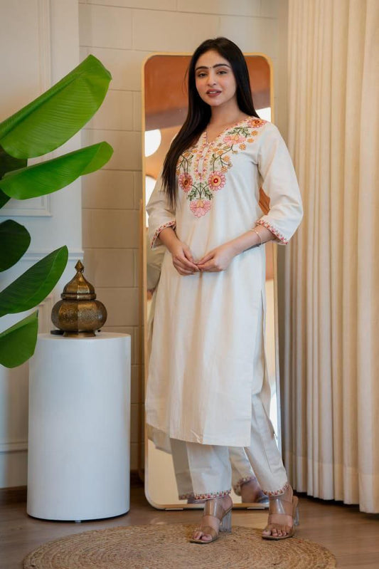 Lorenvalley Fashion Offwhite Pure Khadi Cotton Embroidery with Sequence Work Kurta Pant | Swadesiicart