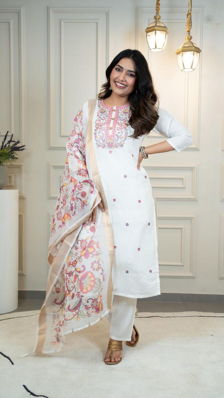 Lorenvalley Fashion Offwhite Roman Silk Embroidery Multi with Sequence Work Kurta Pant with Dupatta - Swadesiicart