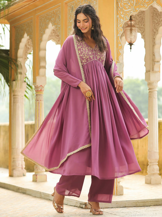 Janasya Lavender Georgette Yoke Embroidery Kurta,Bottom & Dupatta | Swadesiicart