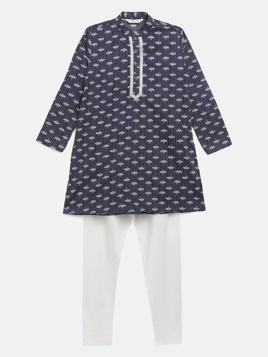 Ahalyaa Boys Navy Blue Pure Cotton Digital Print Kids Kurta Churidar Set | Swadesiicart