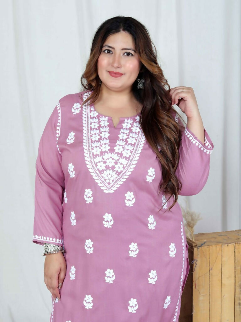 Miravan Women's Plus Size Chikankari Embroidery Pink Straight Kurta And Palazzo Set | Swadesiicart