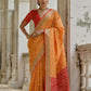 Vishnu Weaves Women's Mustard Raw Silk Thread Ikkat Woven Saree with Blouse - Swadesiicart