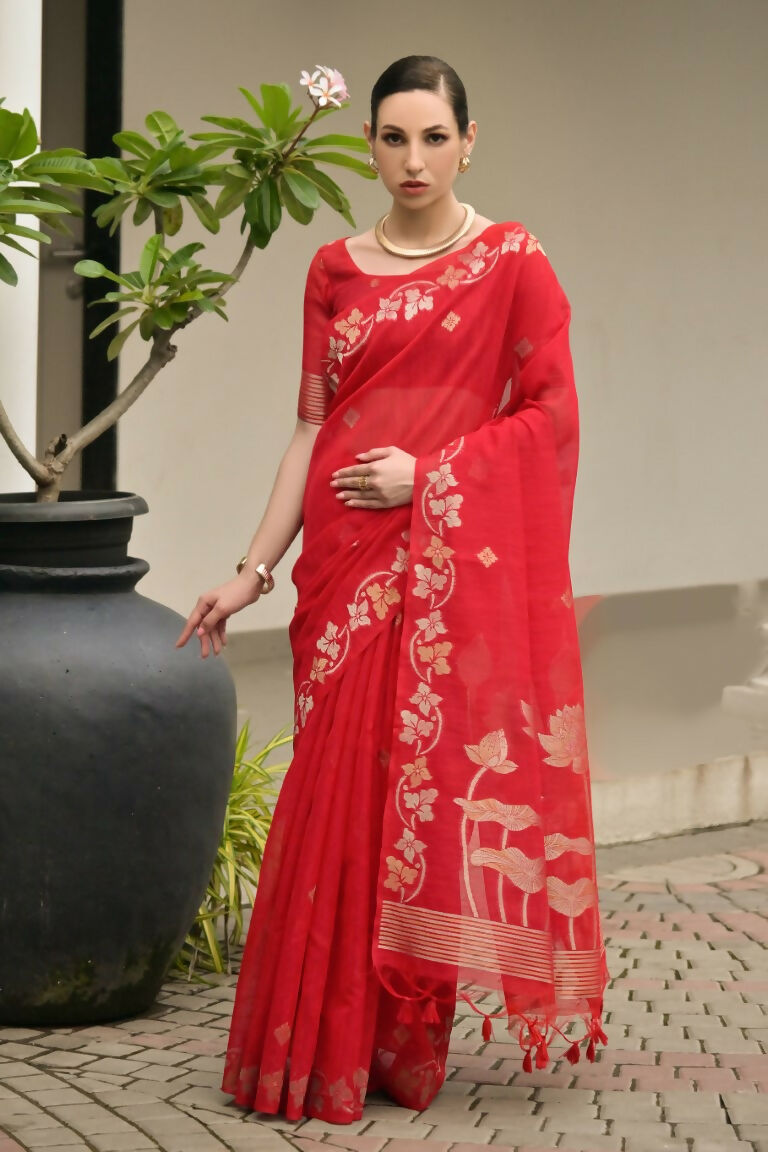 Vishnu Weaves Women's Red Linen Silk Zari Weaving Saree with Blouse - Swadesiicart