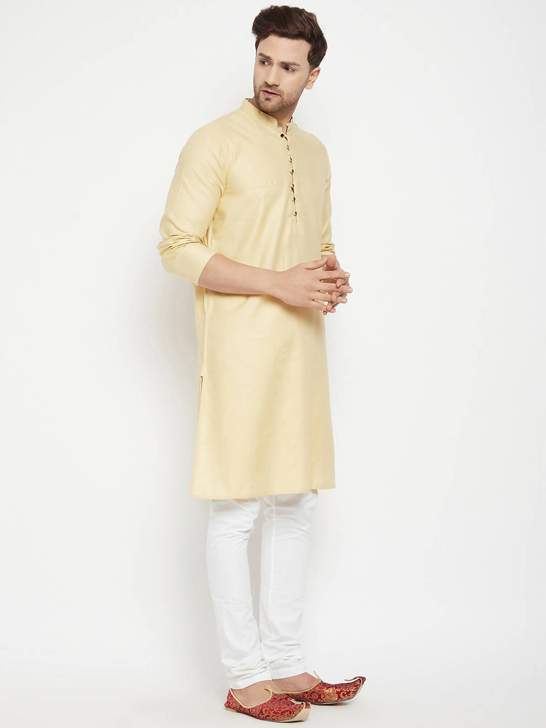 Even Apparels Beige Pure Cotton Long Men's Kurta With Band Collar | Swadesiicart