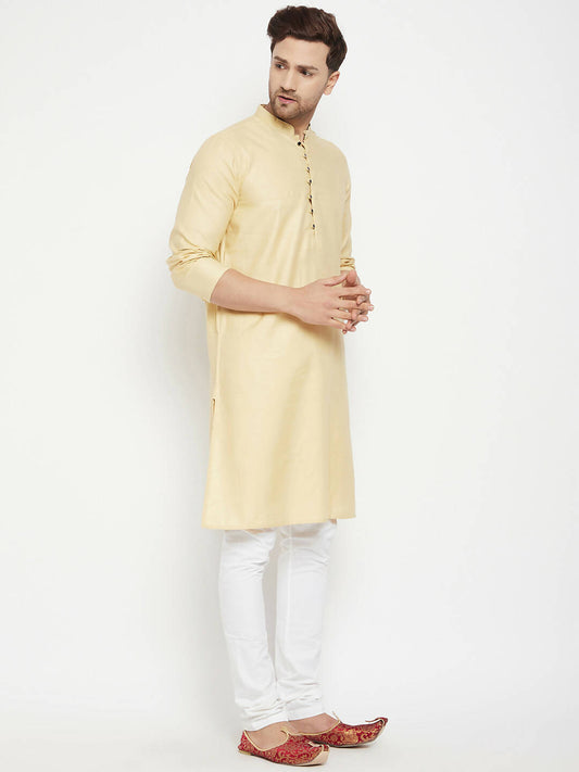 Even Apparels Beige Pure Cotton Long Men's Kurta With Band Collar | Swadesiicart