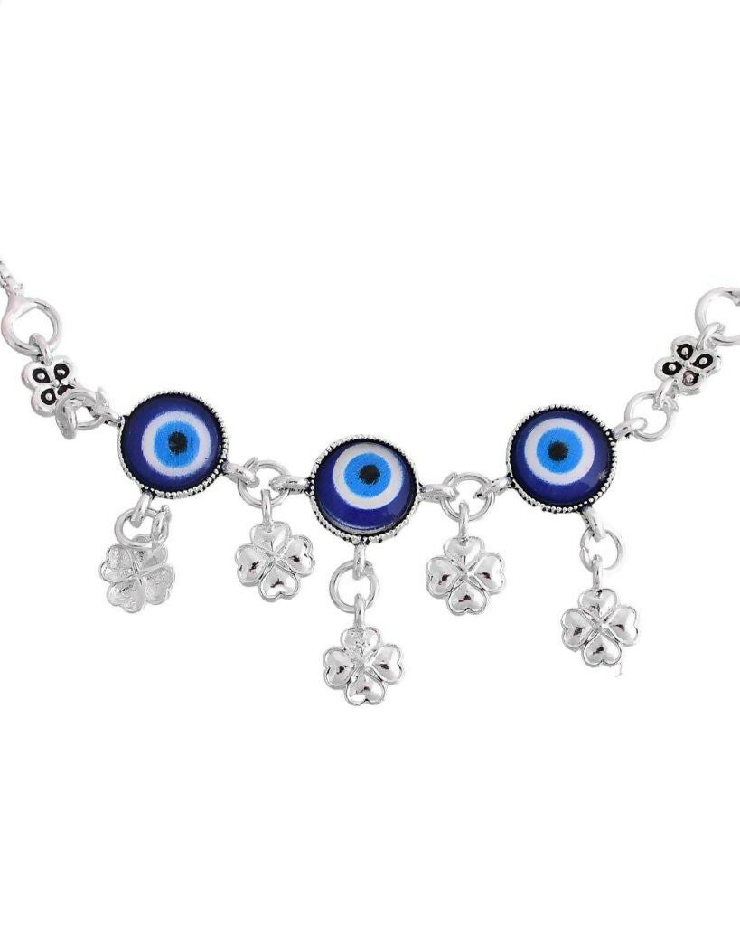 VOJ Set Of 2 Silver Plated Evil Eye Handcrafted Anklets - Swadesiicart