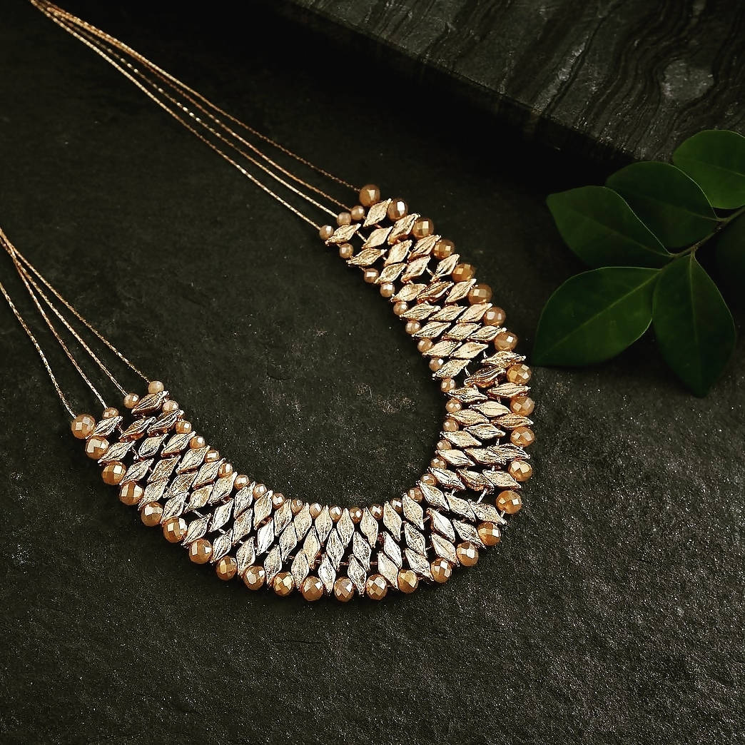 Bling Accessories 4 Rows Fine Brass Metal Chain Necklace With Hand Weaved Glass Crystal | Swadesiicart