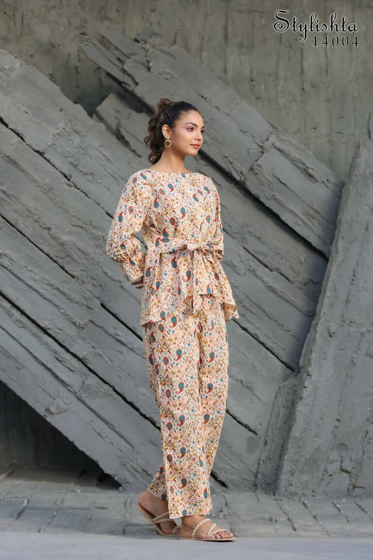 Women's Partywear Designer Cream & Multi Muslin co-ord set - Stylishta - Swadesiicart