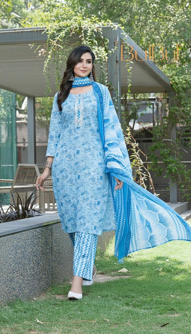 BulBul Fashionista Blue Cotton Kurta Set with Dupatta - Swadesiicart
