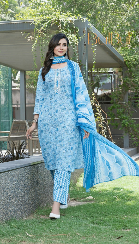 BulBul Fashionista Blue Cotton Kurta Set with Dupatta - Swadesiicart