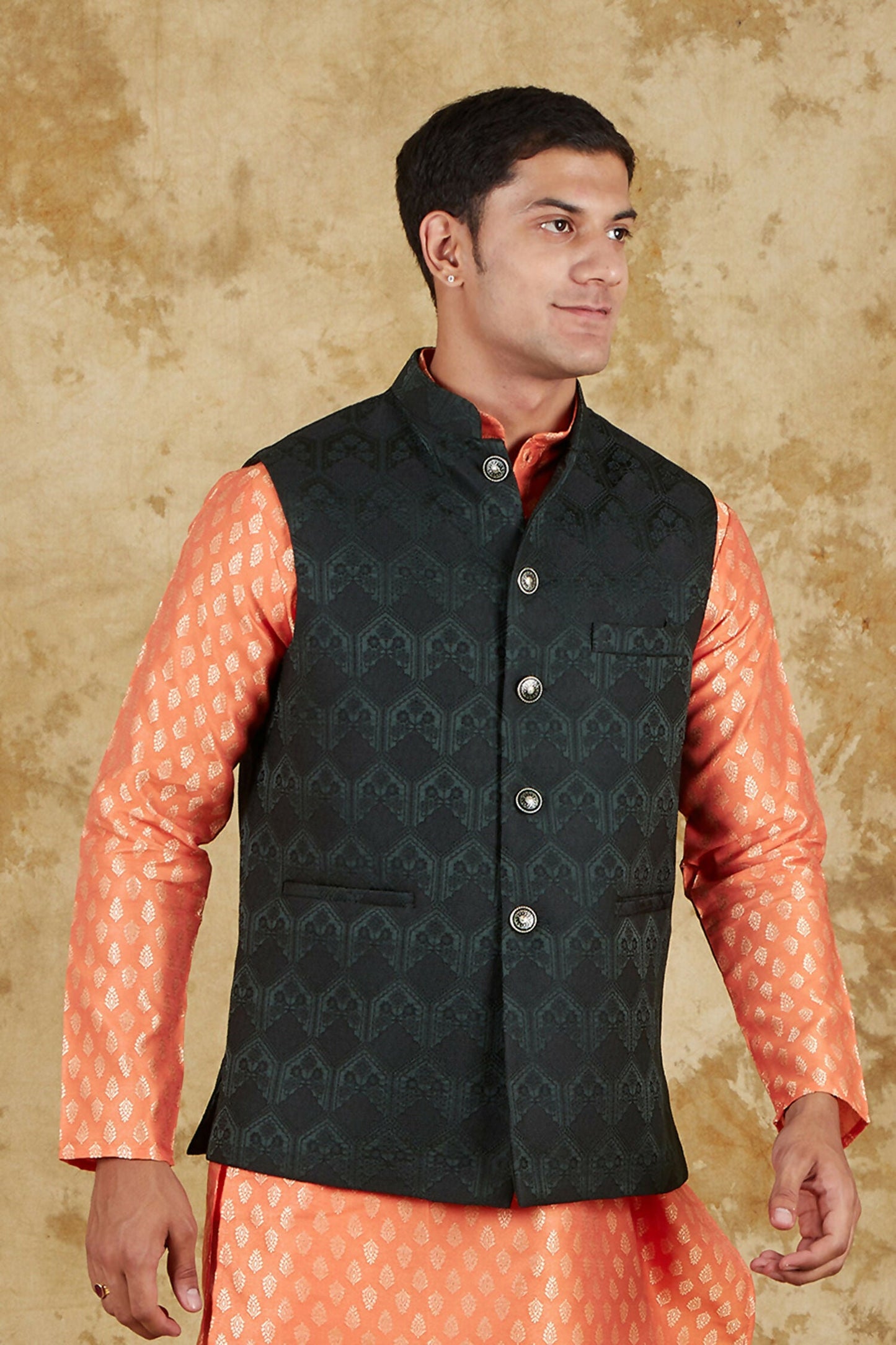 Bluesaanchi Men's Jacquard Orange Waistcoat | Swadesiicart