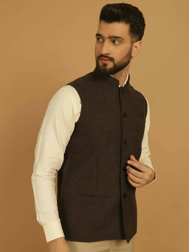 Even Apparels Pure Wool Nehru Jacket - Brown | Swadesiicart