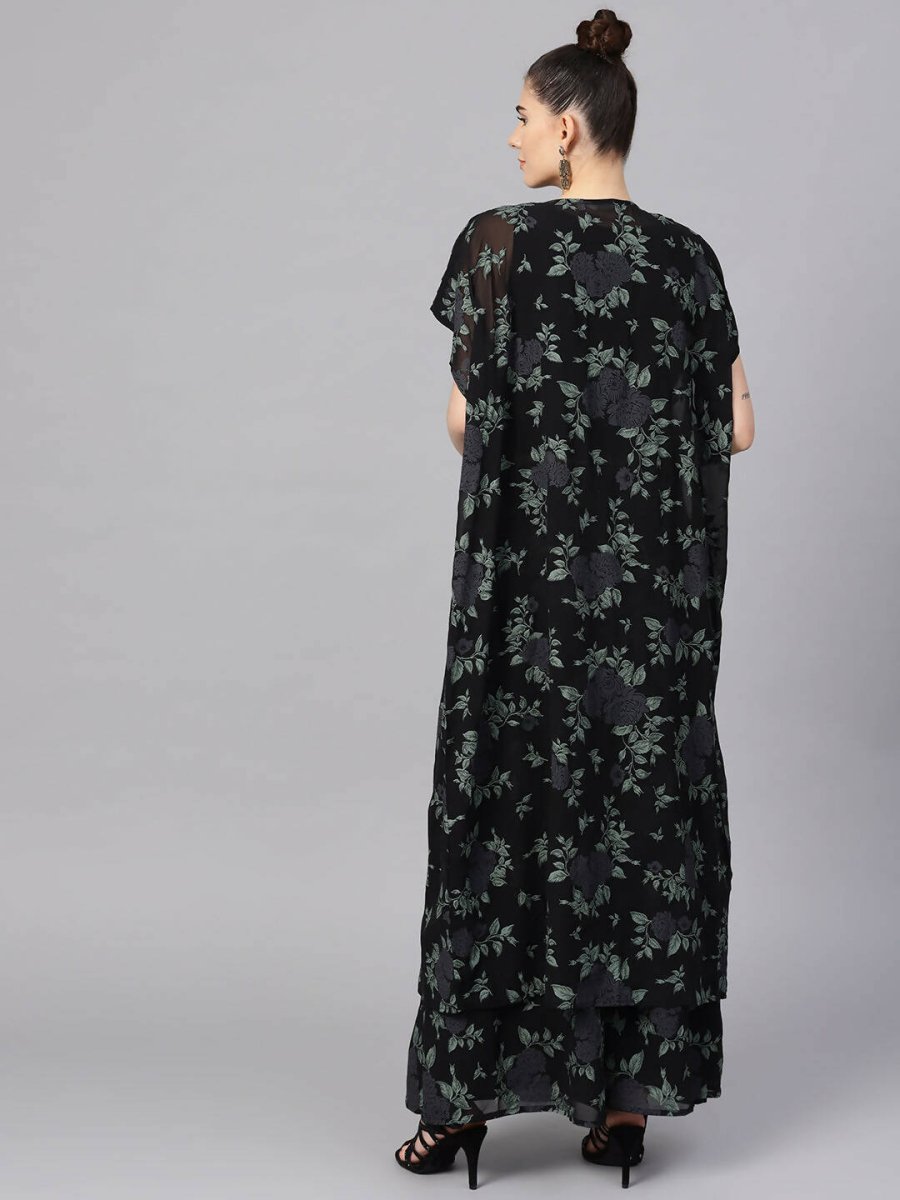 Ahalyaa Black Georgette Crepe Printed Top Palazzo Set With Jacket | Swadesiicart