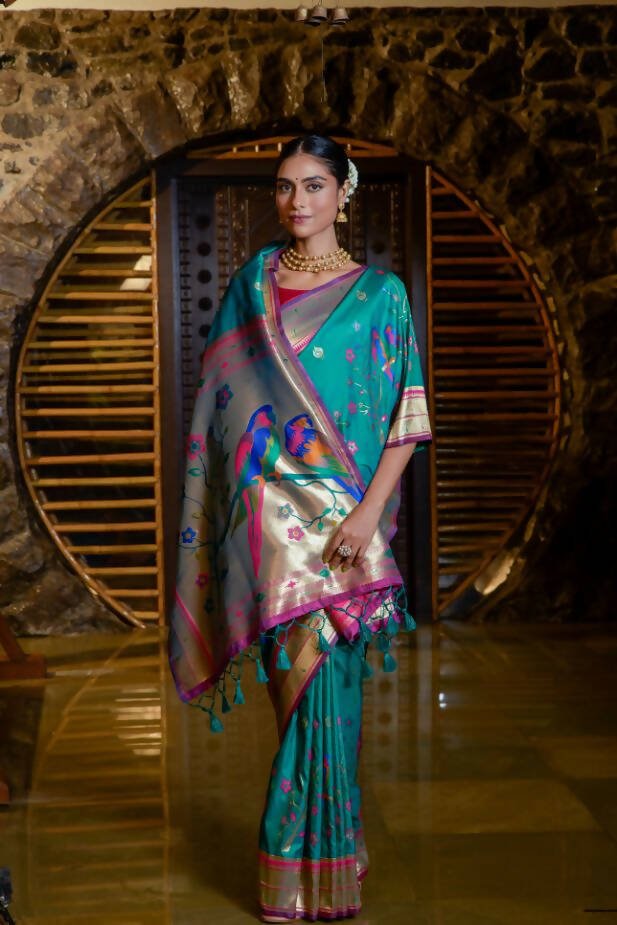 Vishnu Weaves Women's Rama Paithani Silk Zari Woven Saree with Unstitched Blouse - Swadesiicart