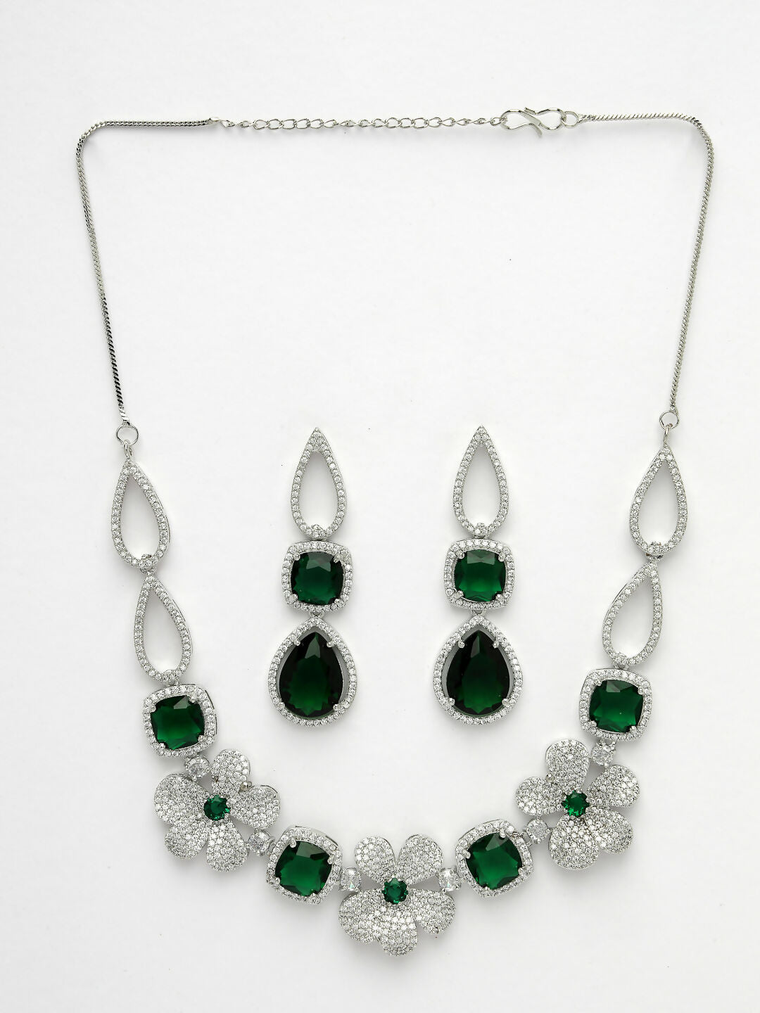 NVR Women's Green & Silver-Plated American Diamond Handcrafted Jewellery Set - Swadesiicart
