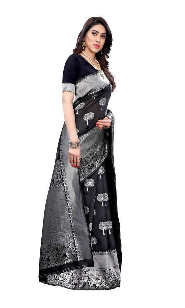 Vamika Banarasi Jacquard Weaving Black Saree (AMEE BLACK) | Swadesiicart
