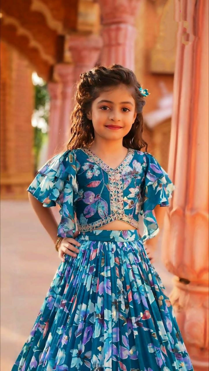 Jyoti Fashion Beautiful Blue Faux Georgette Digital Printed with Sequins Embroidered Kids Lehenga Choli Set | Swadesiicart