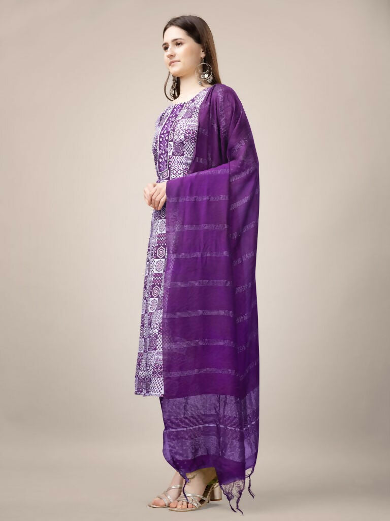 Jyoti Fashion Women's Purple Rayon Print with Embroidery & Fancy Lace Work Kurta with Trouser & Dupatta | Swadesiicart