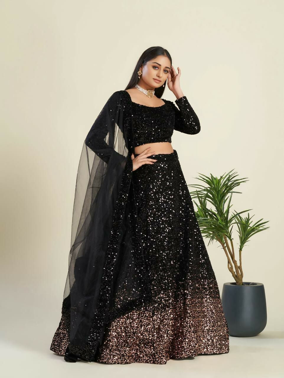 Jyoti Fashion Women's Black Velvet Heavy Sequins Semi Stitched Designer Lehenga Choli Set | Swadesiicart