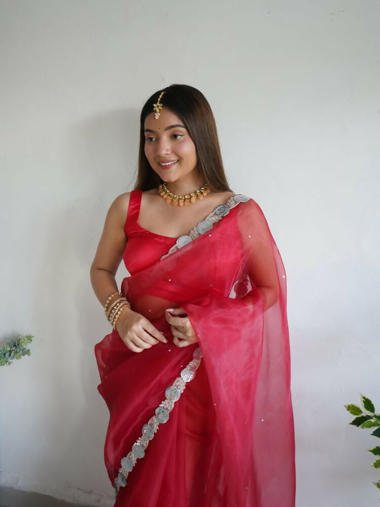 Vamsee Vanshika Red Organza Saree - Swadesiicart