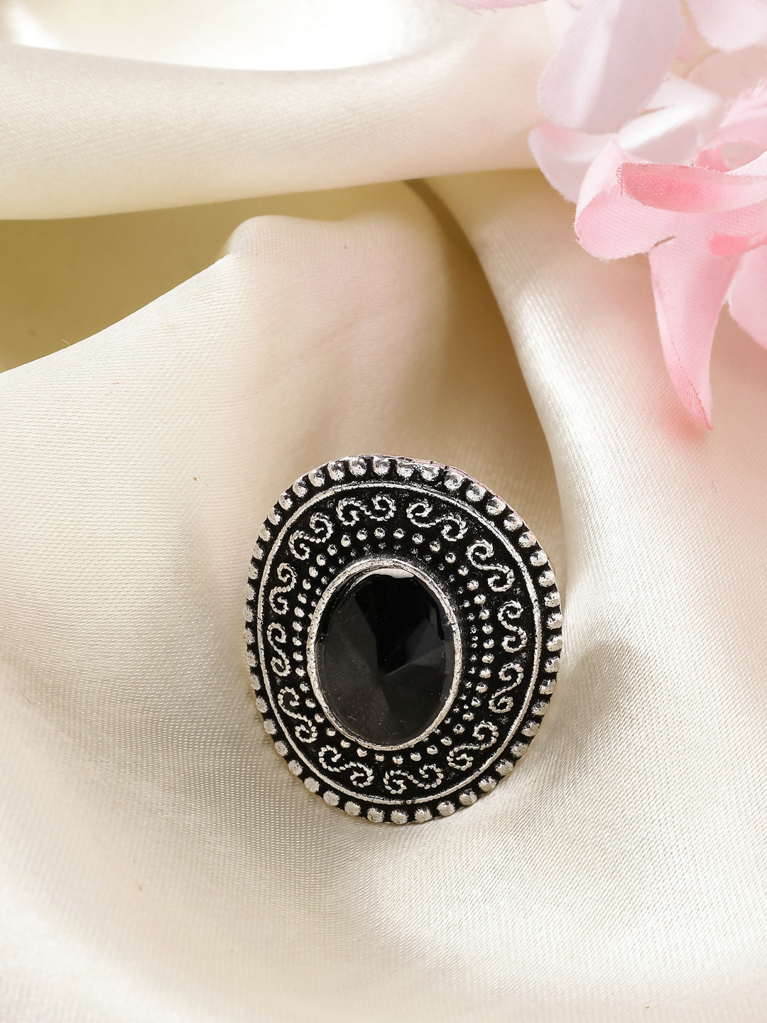 NVR Women's Black Silver-Toned German Silver Adjustable Finger Ring | Swadesiicart